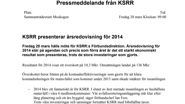 KSRR presenterar årsredovisning för 2014