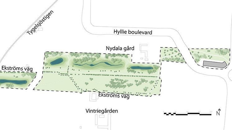 I Vintrie i södra Malmö planeras ett nytt naturområde som tillför biologisk mångfald och nya möjligheter till rekreation. Illustration Malmö stad.