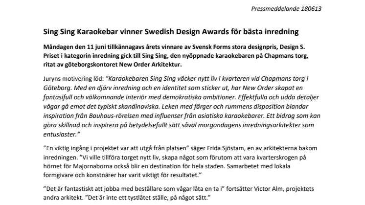 Sing Sing Karaokebar vinner Swedish Design Awards för bästa inredning