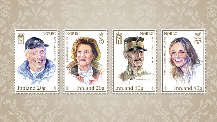  Kong Harald V, dronning Sonja, kong Haakon VII og prinsesse Ingrid Alexandra har blitt portrettert av Trond Bredesen. Posten markerer fire kongelige jubileer med fire nye frimerker