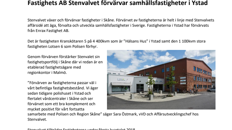 Fastighets AB Stenvalvet förvärvar samhällsfastigheter i Ystad 