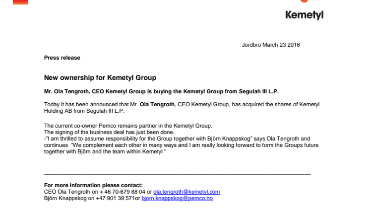 New ownership for Kemetyl Group 