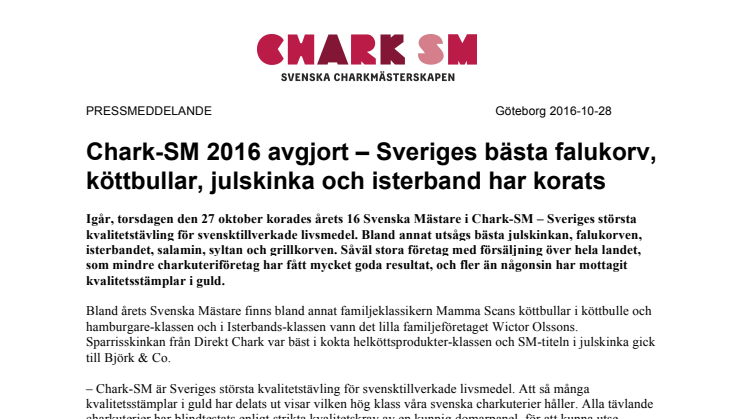 Chark-SM 2016 avgjort – Sveriges bästa falukorv, köttbullar, julskinka och isterband har korats