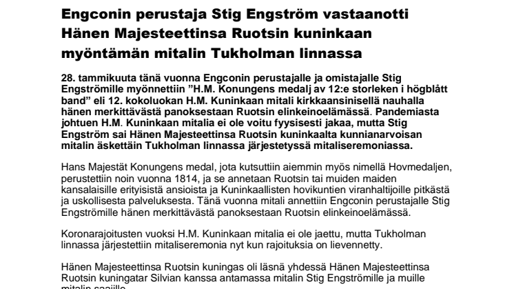 271021_Press_Engconin perustaja Stig Engström vastaanotti Hänen Majesteettinsa Ruotsin kuninkaan myöntämän mitalin  Tukholman linnassa