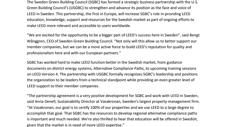 Sweden Green Building Council signs strategic business partnership with USGBC
