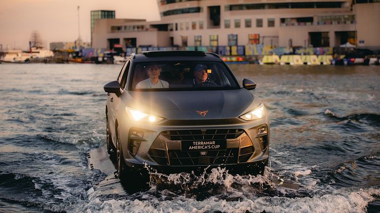 VETUS Spain supplied multiple marine systems for the floating CUPRA Terramar America's Cup car with a bespoke trimaran-like base. Credit: CUPRA