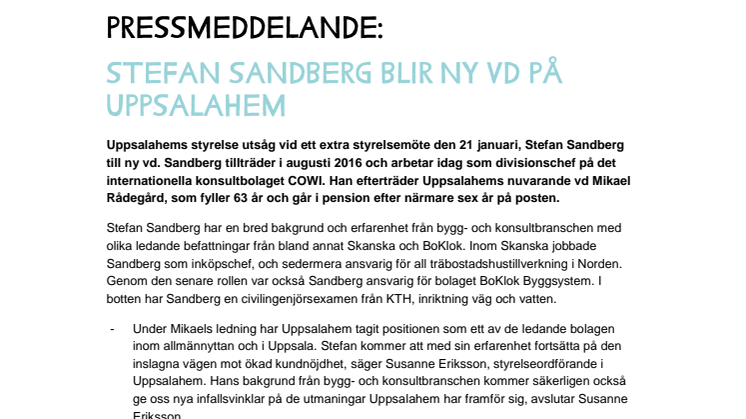 Stefan Sandberg blir ny vd på Uppsalahem