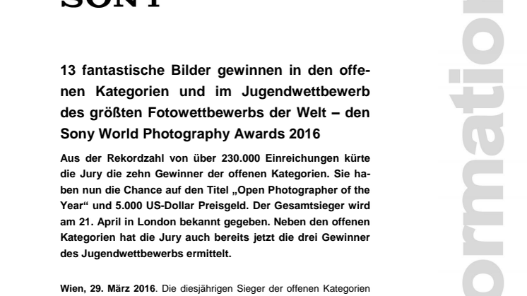 13 fantastische Bilder gewinnen in den offenen Kategorien und im Jugendwettbewerb des größten Fotowettbewerbs der Welt – den Sony World Photography Awards 2016