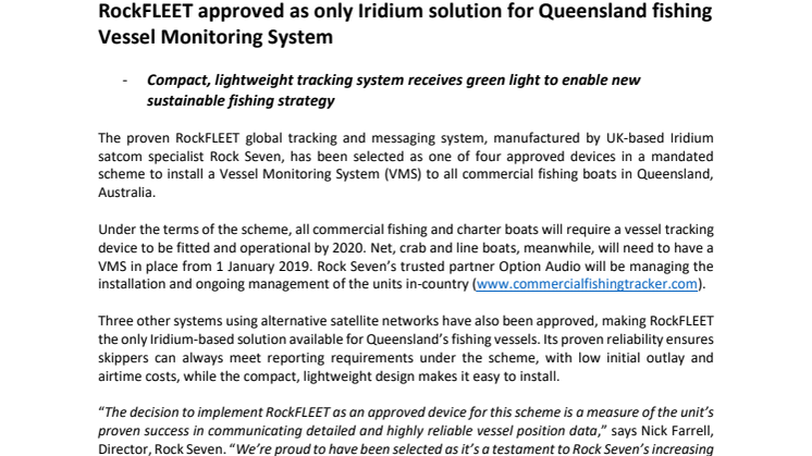 Rock Seven: RockFLEET approved as only Iridium solution for Queensland fishing Vessel Monitoring System