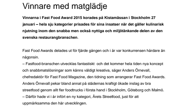 Fast Food Awards 2015 - Vinnare med matglädje