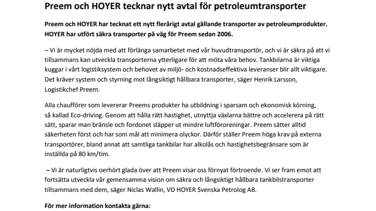 Preem och HOYER tecknar nytt avtal för petroleumtransporter 