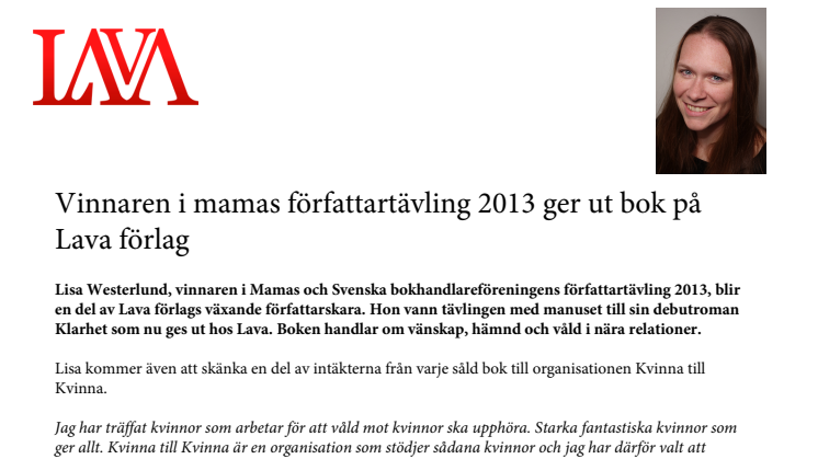 Vinnaren i mamas författartävling 2013 ger ut bok på Lava förlag