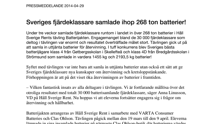 Sveriges fjärdeklassare samlade ihop 268 ton batterier!