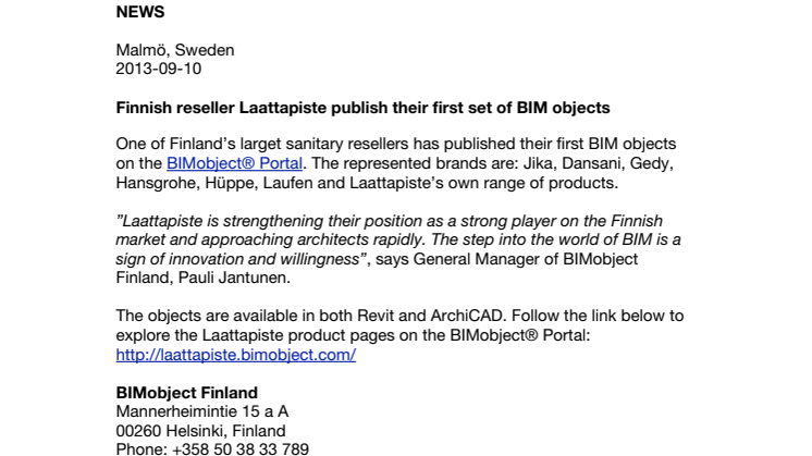 Finnish reseller Laattapiste publish their first set of BIM objects