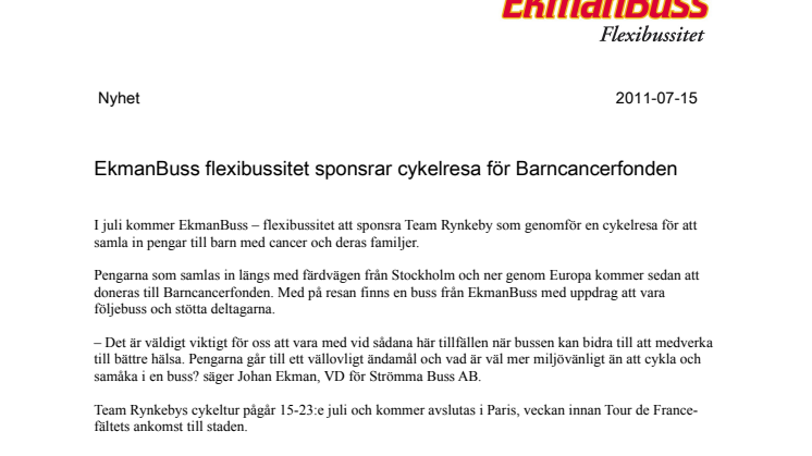 EkmanBuss flexibussitet sponsrar cykelresa för Barncancerfonden