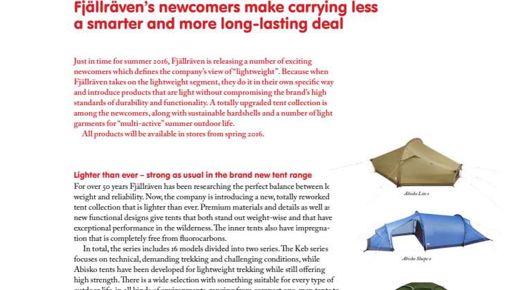 New releases spring/summer 2016 - Fjällräven’s newcomers make carrying less a smarter and more long-lasting deal