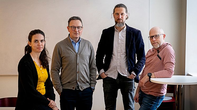 Göteborgs klimatråd 2023, från vänster Frances Sprei, Holger Wallbaum, Niklas Harring och Fredrik Hedenus (ordförande). Ledamöterna Thomas Sterner, Petra Svensson och Sara Brorström saknas. Fotograf Jesper Löfman.