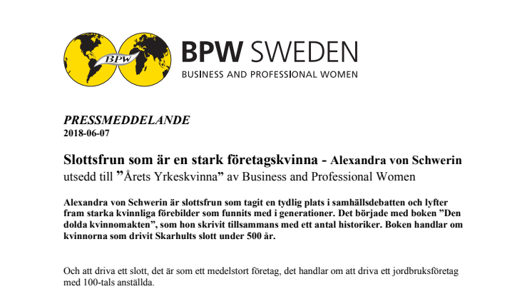 Slottsfrun som är en stark företagskvinna - Alexandra von Schwerin utsedd till  "Årets Yrkeskvinna"