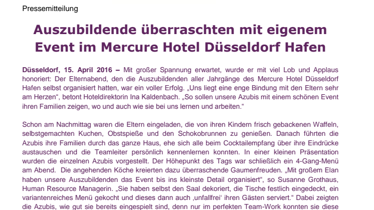 Auszubildende überraschten mit eigenem Event im Mercure Hotel Düsseldorf Hafen