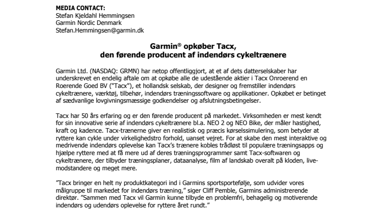 Garmin® opkøber Tacx,  den førende producent af indendørs cykeltrænere