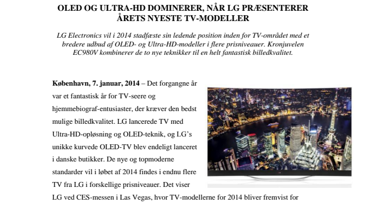 OLED OG ULTRA-HD DOMINERER, NÅR LG PRÆSENTERER ÅRETS NYESTE TV-MODELLER 