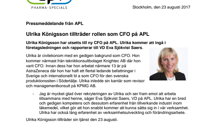 Ulrika Königsson tillträder rollen som CFO på APL