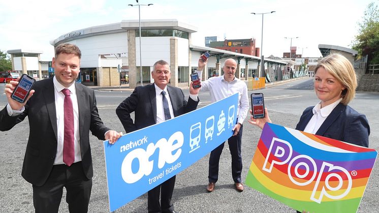 (L-R) Martijn Gilbert chair of NEbus, Cllr Gannon chair of the North East Joint Transport Committee and leader of Gateshead Council, Steve Walker chair of Network One, and Kerry Leng head of marketing, communications and information at Nexus