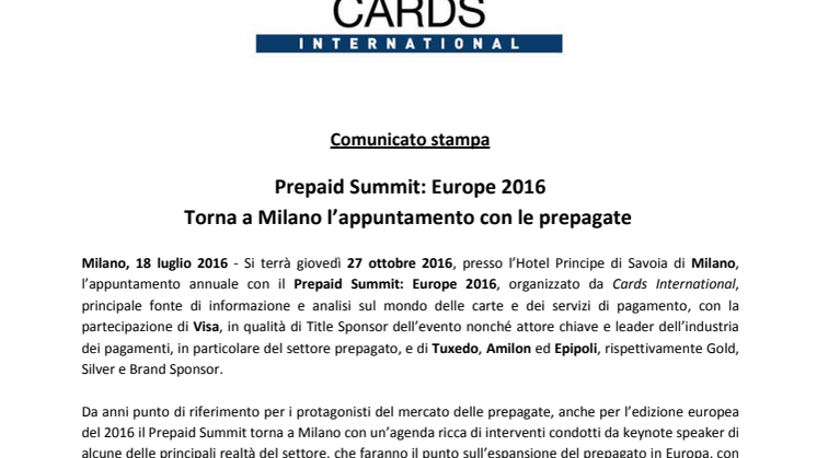 Prepaid Summit: Europe 2016 Torna a Milano l’appuntamento con le prepagate