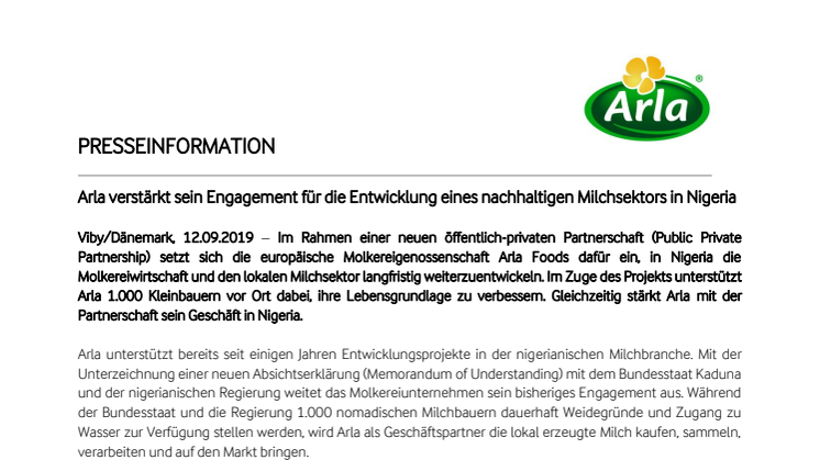 Arla verstärkt sein Engagement für die Entwicklung eines nachhaltigen Milchsektors in Nigeria