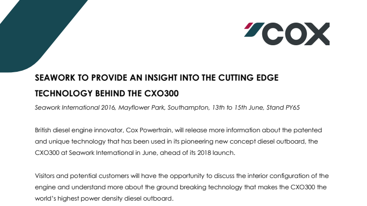 Cox Powertrain: Seawork to Provide an Insight into the Cutting Edge Technology Behind the CXO300 