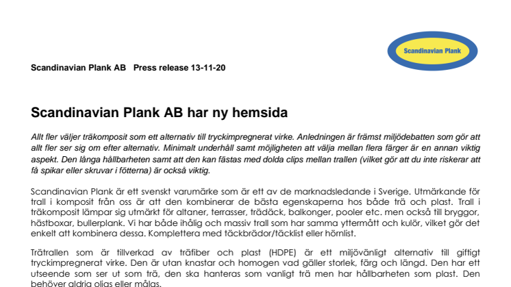 Scandinavian Plank AB har ny hemsida för sina underhållsfria träkompositprodukter