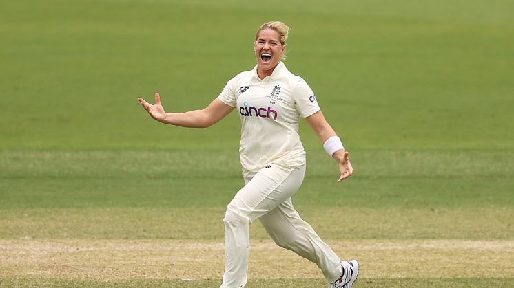 Katherine Brunt celebrating a five-wicket haul in her final Test. Photo: Getty Images