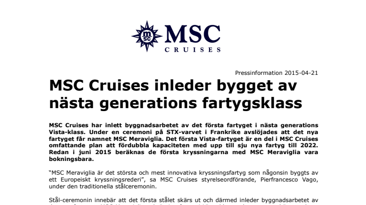 MSC Cruises inleder bygget av nästa generations fartygsklass