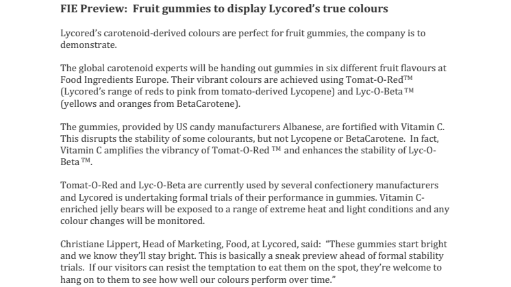 PRESS RELEASE:  Fruit gummies to display Lycored’s true colours