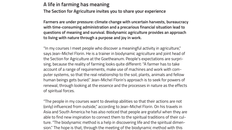 A life in farming has meaning. The Section for Agriculture invites you to share your experience