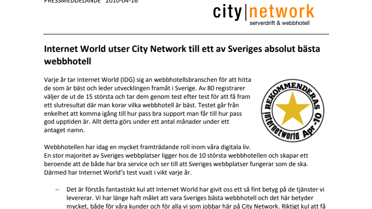 Internet World utser City Network till ett av Sveriges absolut bästa webbhotell