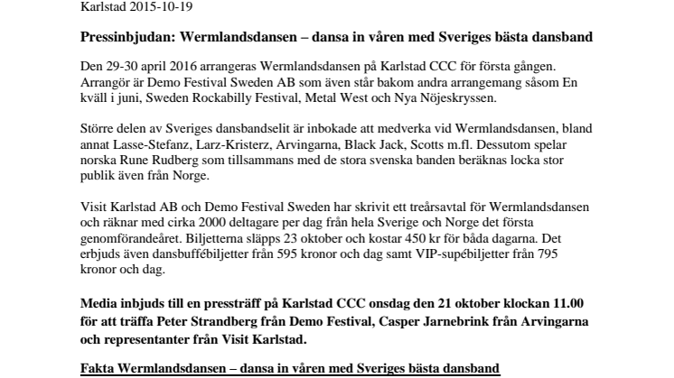 Pressinbjudan 21 oktober klockan 11.00: Wermlandsdansen – dansa in våren med Sveriges bästa dansband