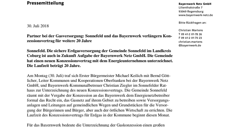 Partner bei der Gasversorgung: Sonnefeld und Bayernwerk verlängern Konzession