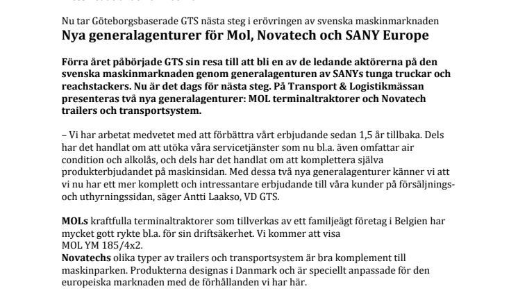 MOL, Novatech, SANY Europe  - Nya agenturer för Göteborgs Truckservice!