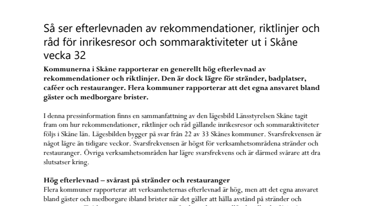  Så ser efterlevnaden av rekommendationer, riktlinjer och råd för inrikesresor och sommaraktiviteter ut i Skåne vecka 32
