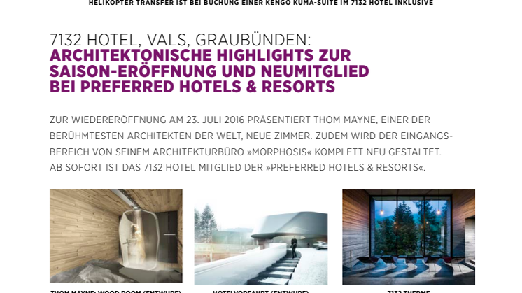 7132 Hotel, Vals, Graubünden: Architektonische Highlights zur Saisoneröffnung und Neumitglied bei Preferred Hotels & Resorts 