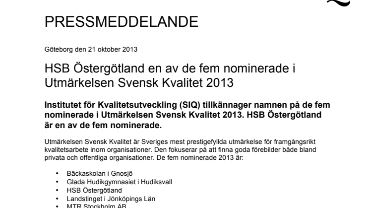HSB Östergötland en av de fem nominerade i Utmärkelsen Svensk Kvalitet 2013