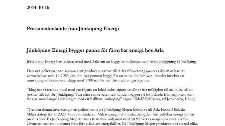 Jönköping Energi bygger panna för förnybar energi hos Arla