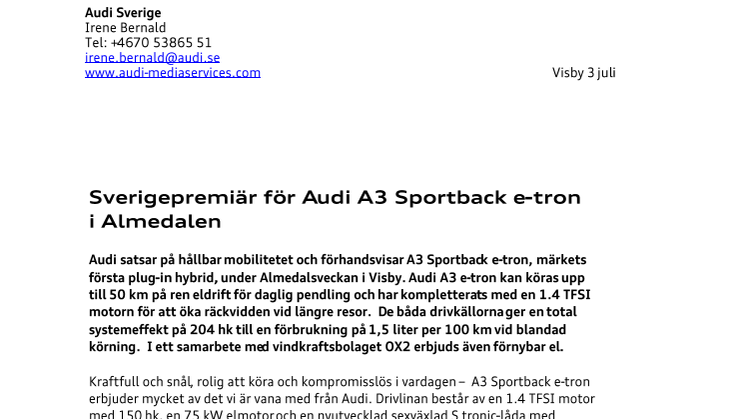 Sverigepremiär för Audi A3 Sportback e-tron i Almedalen