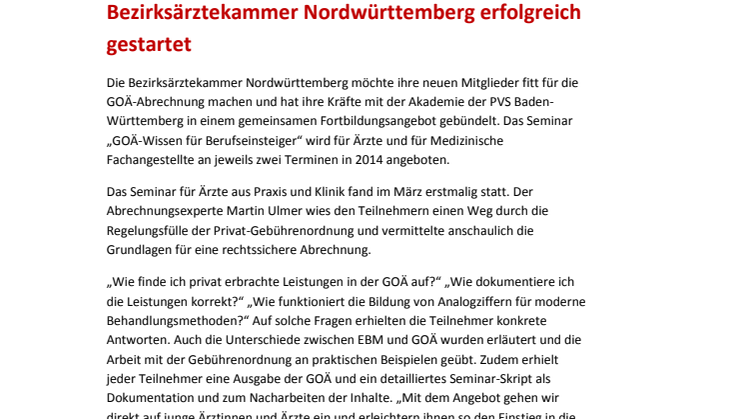 GOÄ-Weiterbildung im Verbund mit der Bezirksärztekammer Nordwürttemberg erfolgreich gestartet