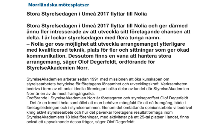 Stora Styrelsedagen i Umeå 2017 flyttar till Nolia 