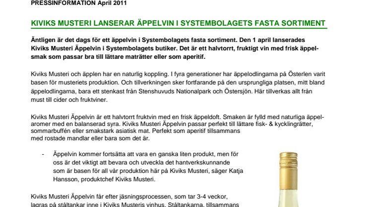 Kiviks Musteri lanserar Äppelvin i Systembolagets fasta sortiment