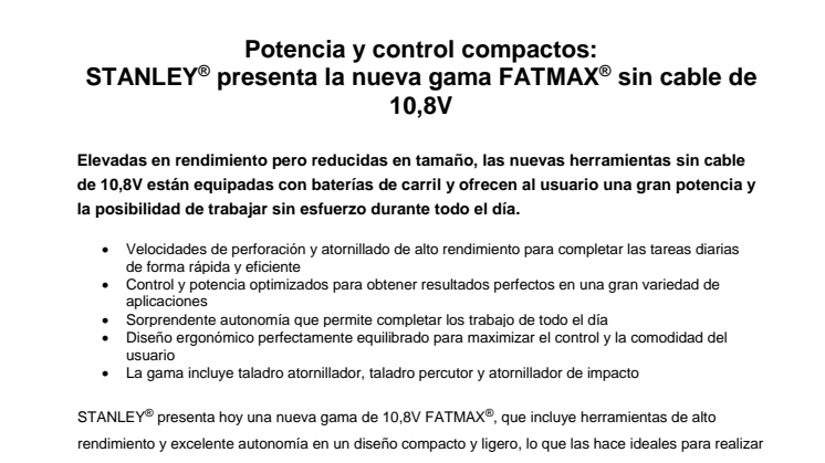 Potencia y control compactos:  STANLEY® presenta la nueva gama FATMAX® sin cable de 10,8V