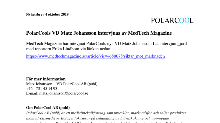 PolarCool AB (publ), VD Matz Johansson har intervjuats av MedTech Magazine