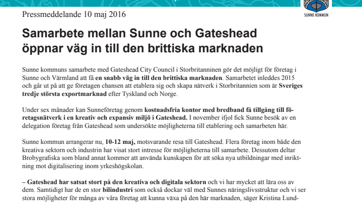 Samarbete mellan Sunne och Gateshead öppnar väg in till den brittiska marknaden